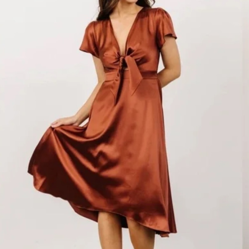 Baltic Born satin tie front midi dress size small rust